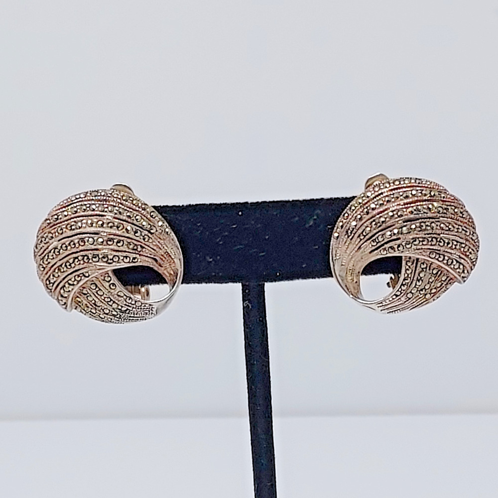 Vintage Art Deco Sterling 925 Marcasite Swirl Earrings Clip On Marked